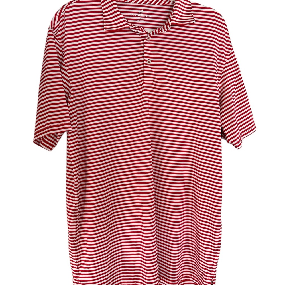 Southern Tide Performance Golf Polo Shirt Red White‎ Striped Short Sleeve Mens L